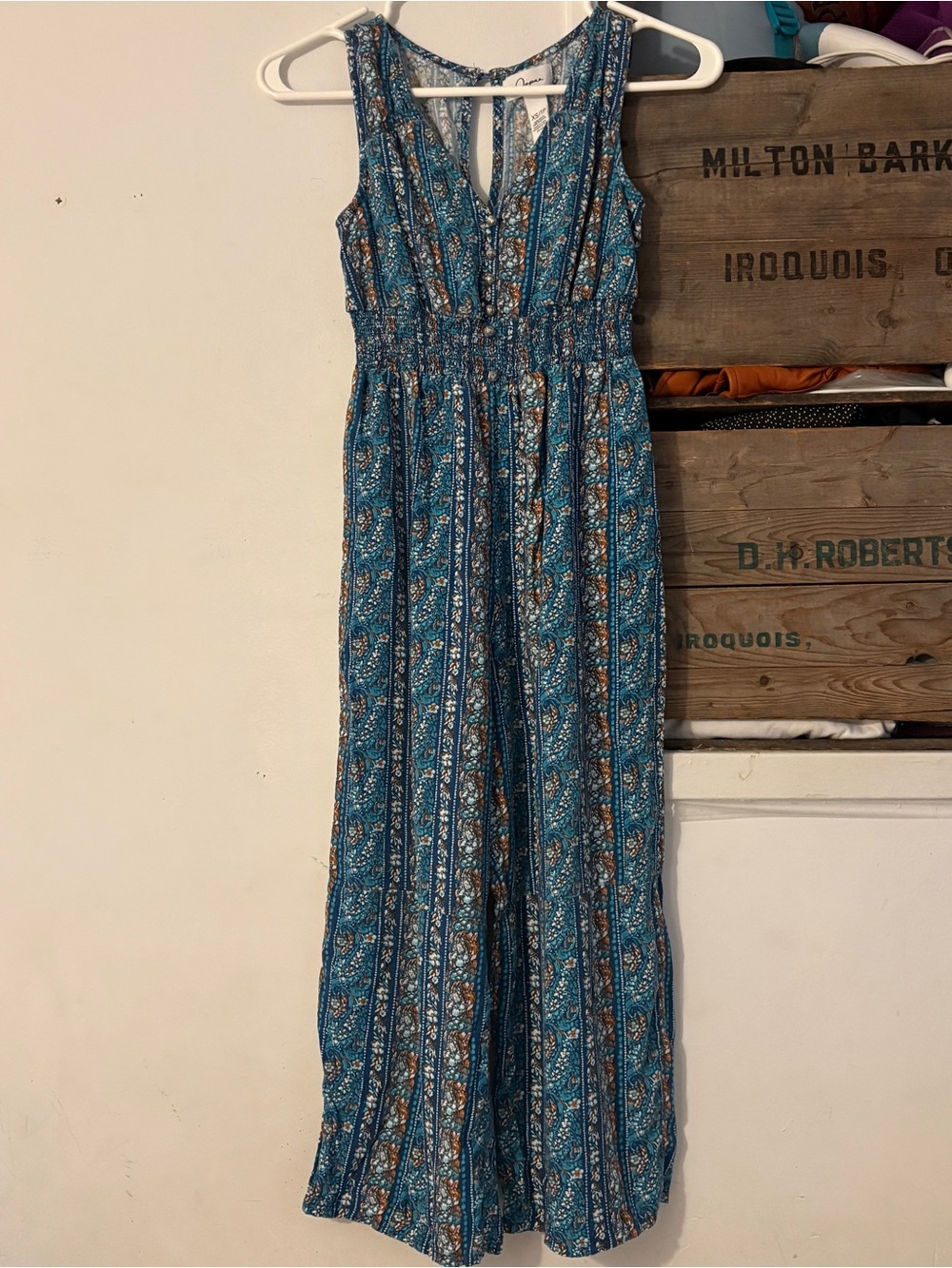 Japna Sleeveless Boho Teal Floral Wide-Leg Flowy Jumpsuit Size Extra Small